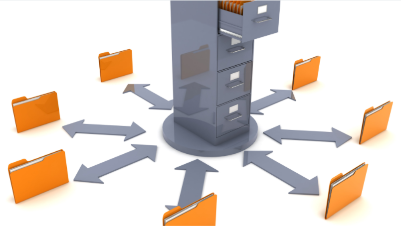 A Drawer that connects to 7 folder which shows Data Storage and Management - Benefits of Shared Storage